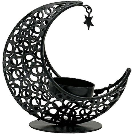 Bougeoir en métal en forme de lune, porte-bougie chauffe-plat pour décoration islamique du Ramadan, idéal pour un anniversaire ou pour la décoration intérieure.-Black With Star (1/5)