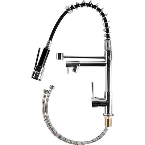 Robinet Cuisine - Douchette Extractible 2 Jets - Rotation 360° - Spray et Flux Continu - Froid/Chaud - Laiton Chromé - Argent