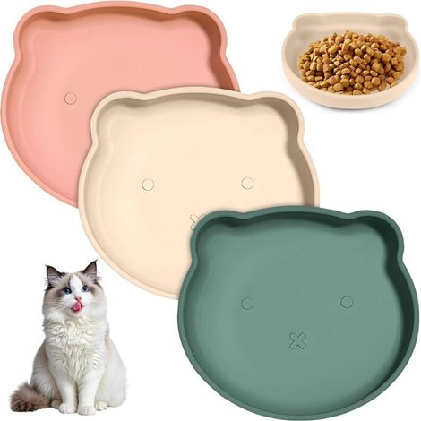 Gamelle plate pour chat, gamelle en silicone avec ventouse, ensemble de 3 gamelles plates et larges pour croquettes et pâtée, compatible avec chats, lapins et chiens. (1/5)