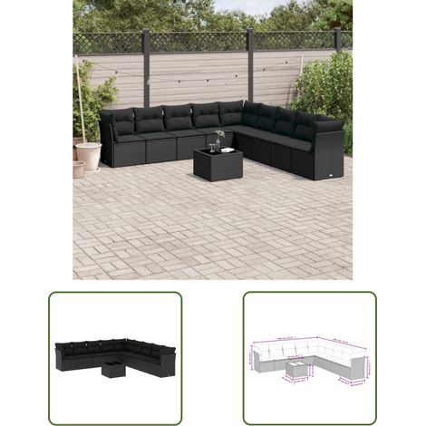 The Living Store 10-tlg. Garten-Sofagarnitur mit Kissen Schwarz Poly Rattan - Gartengestelle - Gartenmöbelset - Rattan Möbel - Gartenlounge - Esstisch Set (1/3)