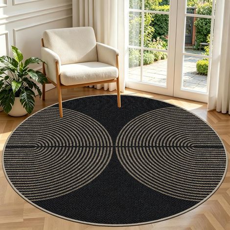 Tapis d'extérieur, rond, 160 cm, aspect jute, résistant aux intempéries, lavable, antidérapant, naturel, pour salon, balcon, terrasse, cuisine, jardin - Couleur : noir/naturel (1/5)