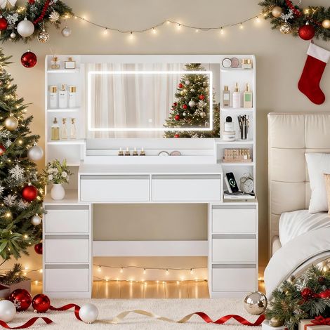 135cm Toeletta Trucco con Specchio, Toeletta con LED e Prese, Grande Tavolo da Trucco con Supporto Per Asciugacapelli, 8 Cassetti e Ripiani Aperti, Moderno, Bianco-Argento