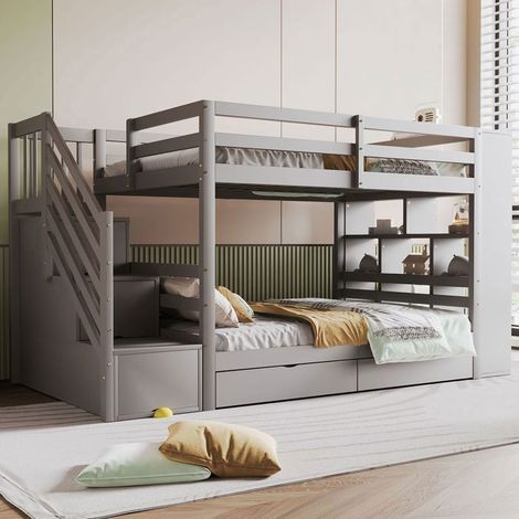 Lit Superposé Enfant - 90x200 cm - Avec Tiroirs et Armoire - lit Superposé - Bois Massif Gris, Escalier Rangement Sécurisé