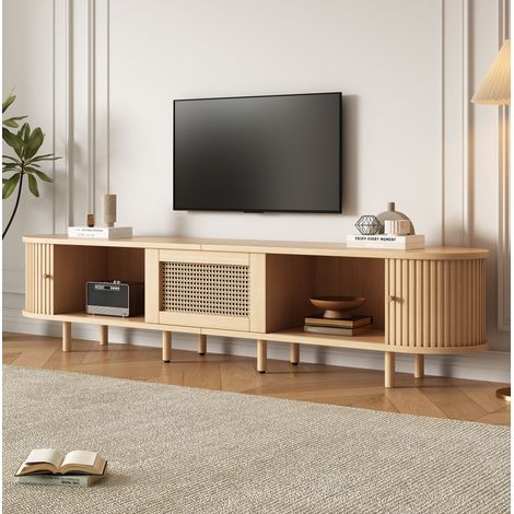 Mobile porta TV 180x40x40 cm con anta scorrevole, cassetto e vano contenitore, in MDF color naturale per soggiorno (1/5)
