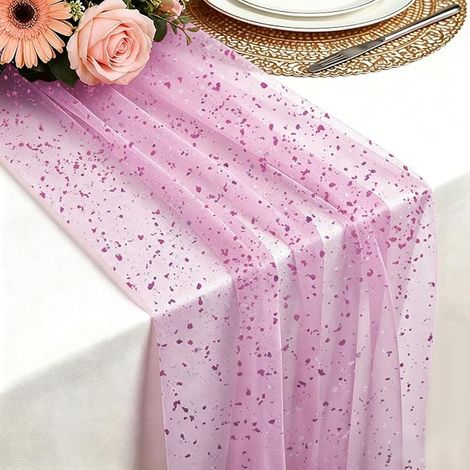 Table Runner Pink, 75 x 300 cm Lightweight and Fluid Tulle Rose Gold Leaf Table Runner for Bohemian Weddings, Birthdays, Christmas, New Year and Table Decoration and Arches (1/5)