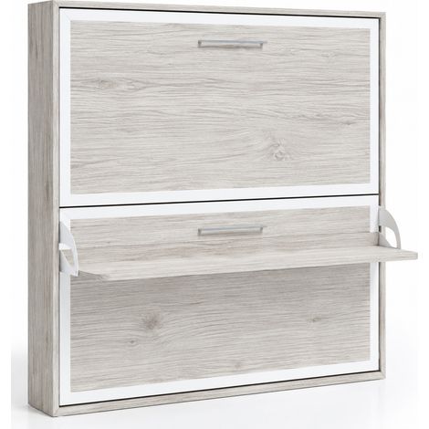 Lit superposé escamotable avec bureau MELINA – Conception renforcée Gris ciment Sans matelas-90x180-Cadre Gris ciment-Façade Blanche (1/5)