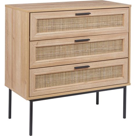 Cómoda de ratán con 3 cajones frente de mimbre tablero de partículas patas estructura de metal aparador de estilo boho sala de estar madera clara Pasco