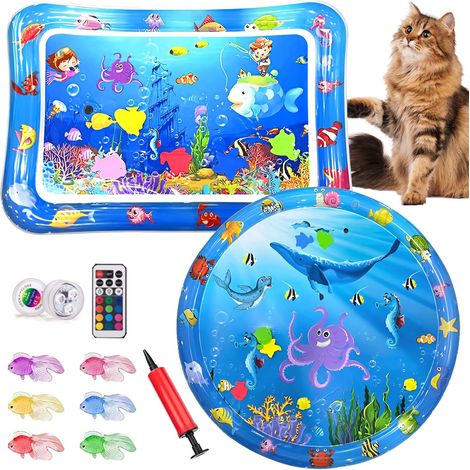 Tapis d'eau sensoriel pour chat, pack de 2 tapis rafraîchissants pour chat, piscine pour chat avec jouet en plastique poisson, tapis de jeu aquatique, jouet d'intelligence, rafraîchissant pour chat et (1/5)