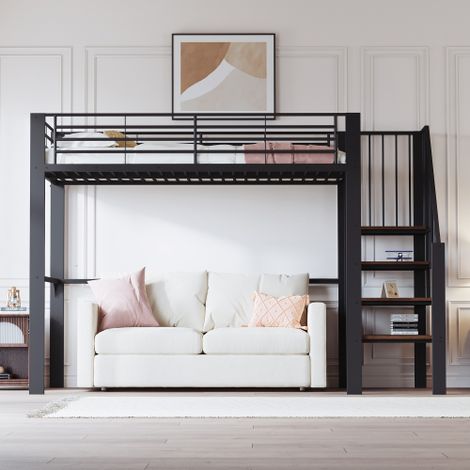 Hochbett  Stabile Metallkonstruktion mit geräumigem Stauraum unter dem Bett und Treppe Ideal für Kinder und Erwachsene Stauraumbett für maximale Platzeffizienz