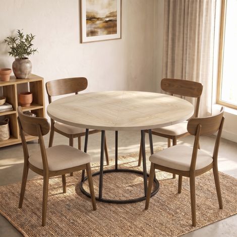Table à Manger Ronde pour 4 à 6 Personnes, Ø 120 x 75 cm, Table de Cuisine avec Piétement Conique en Métal, Bois Naturel (1/5)