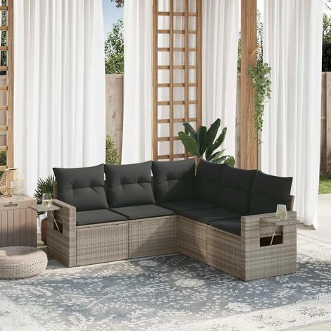 Set de sofás jardín y cojines 5 pzas ratán sintético gris claro