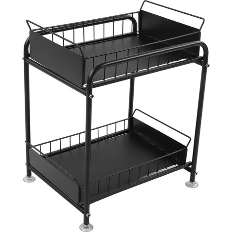 Étagère sous évier 2 niveaux avec panier métallique coulissant, tiroir escamotable pour cuisine, salle de bain et plan de travail.