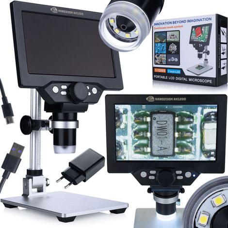 Rosfix NanoZoom AX1200 - Microscopio digitale LCD 7"  12MP  Full HD 1080p  Ingrandimento 1200x  LED  USB  microSD  Treppiede in alluminio  Lingua polacca