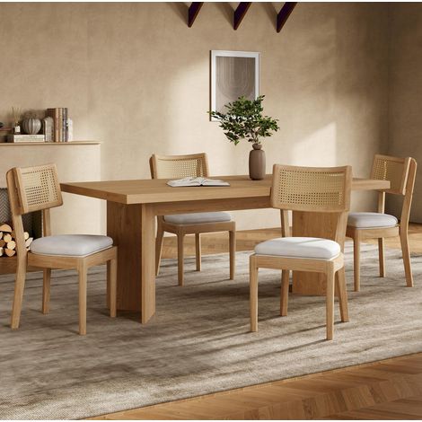 Sillas de comedor de madera y ratán con cojín de lino, 50 x 58 x 88 cm, natural, juego de 4 OKMYHOME (1/5)
