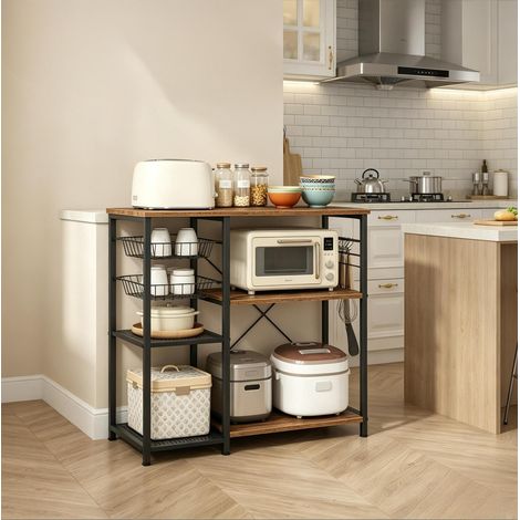 REDOM Scaffale da cucina 90x40x82 cm, con 2 cesti estraibili e 5 ganci, metallo e pannelli di particelle, nero e marrone (1/4)
