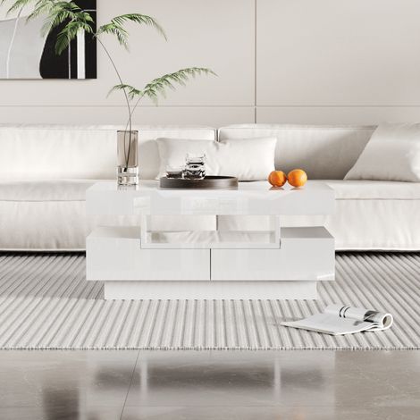 Table basse finition brillante avec bande LED, quatre tiroirs avant et arrière, grand espace de rangement (1/5)