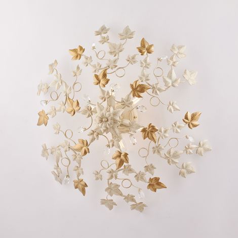 Edera Plafonnier En Fer Laqué Ivoire Décor Or Antique Et Strass Cristal 6 Lumières H.22 D.80 Bl50-Pl6-Av