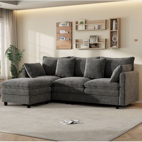Canapé d’angle 212 x 150 x 90 cm 3 places avec chaise longue modulable, 4 coussins, tissu chenille - gris (1/5)