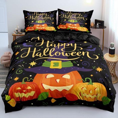 Halloween Bettwäsche 155x220 cm mit Kürbis Motiv, 3-teilig, Mikrofaser, Reißverschluss