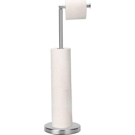 Portarrollos de papel higiénico de acero inoxidable cepillado color plata, con base lastrada y capacidad para 4 rollos de repuesto.