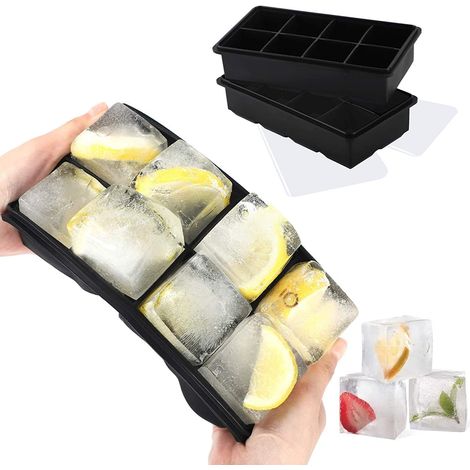 Confezione da 2 stampi per cubetti di ghiaccio, stampi in silicone a 8 cavità con coperchio antispruzzo rimovibile, adatti per whisky, cocktail e vino, impilabili. (1/3)