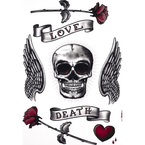 Sticker mural tête de mort et roses, avec écriture -love et death - 50x70 cm (1/3)