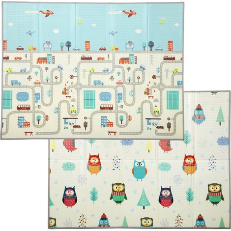 Foldable Baby Plat Mat Double Sided, Kids Floor Mat for Crawling, 200L x 150W cm, Car track and Owl me (1/5)