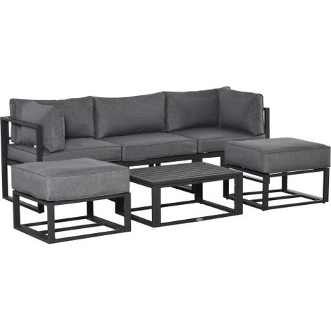 Garden Daybed, 6 Piece Outdoor Sectional Sofa Set, Aluminum Patio Conversation Furniture Set with Coffee Table, Footstool and Cushions, Grey
