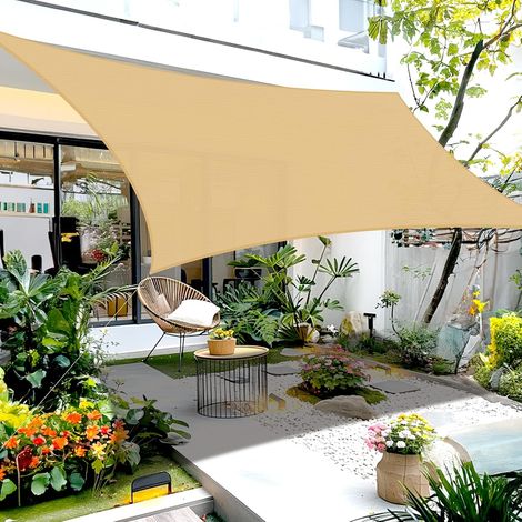 Voile d'ombrage Triangle 5x5x7m Respirant HDPE Toile Ombrage UV Protection pour Patio Balcon Jardin Terrasse Extérieur-Crème (1/5)