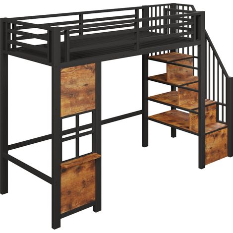 Hochbett 90 x 200 cm aus Metall und MDF mit Stauraumtreppe und offenem Raum, schwarz (1/5)
