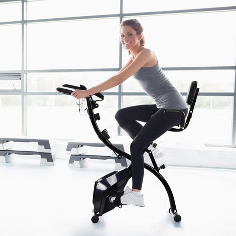 Vélo appartement pliable Noir 120 kg 4 en 1 ergomètre magnétique silencieux cordes résistance cardio maison roulettes selle confort LCD max