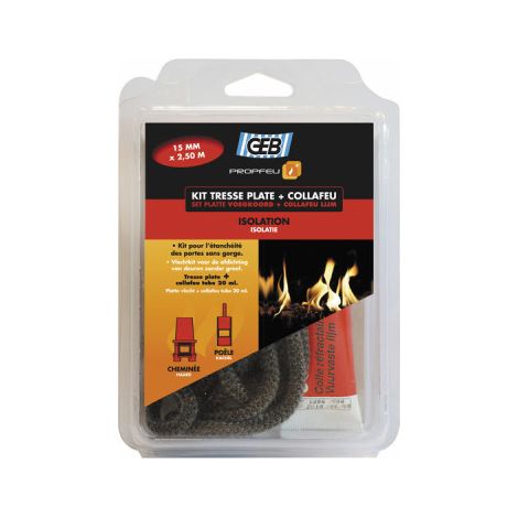 GEB – Tresse plate en fibre de verre 10mm x 2,5m – Colle réfractaire COLLAFEU 20ml – Température max +500°C – Résistance à l'abrasion - L10mmx2