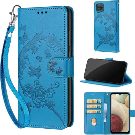 Housse pour Samsung Galaxy A12/F12/M12 6.5" Matériau en Cuir PU Coque avec Fentes Cartes Étui motif gaufré Fleur et papillon bleus (1/5)