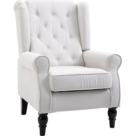 Poltrona da Salotto Imbottita 74x86x102cm in Tessuto con Schienale Trapuntato Bianco Crema (1/5)