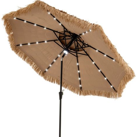 Ombrellone da spiaggia in stile hawaiano con luce centrale per giardino, Ombrellone di paglia hula solare Naturale+Nero