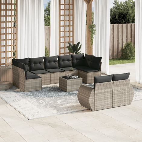 Set sofás jardín 10 pzas con cojines ratán sintético gris claro vidaXL (1/5)