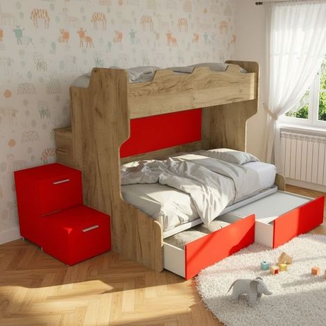 Letto a castello con gradini a cassetti e passerella - Una piazza e mezza e singola - Quercia e Rosso