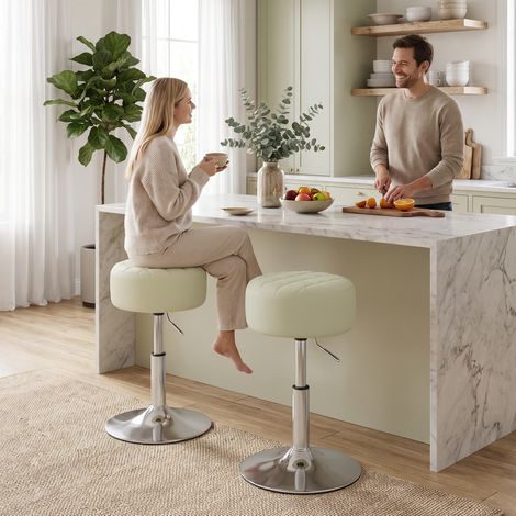 Tabouret de Bar en Cuir PU, Hauteur Réglable, Siège Épais et Confortable, Pivotant 360°, pour Îlot de Cuisine, Blanc (1/5)