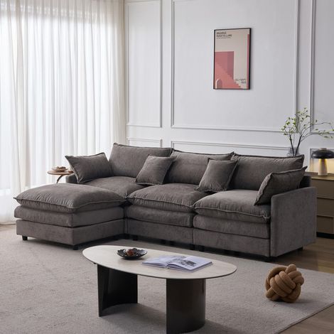 Canapé d'angle L modulable en chenille premium, 3 places avec méridienne et pouf, confortable et respirant, idéal pour petits appartements. (1/5)