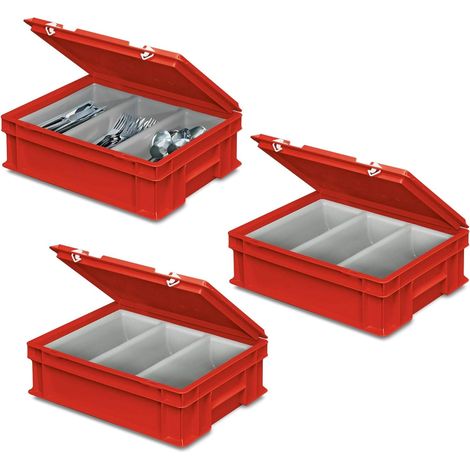 BRB 3 bacs à couverts avec 3 compartiments - 400 x 300 x 130 mm - Rouge