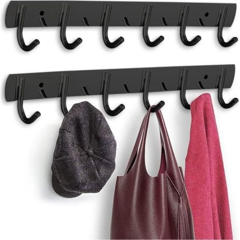 Appendiabiti da parete - Nero - 2 pezzi - 6 ganci - Acciaio inossidabile - Bagno (1/4)