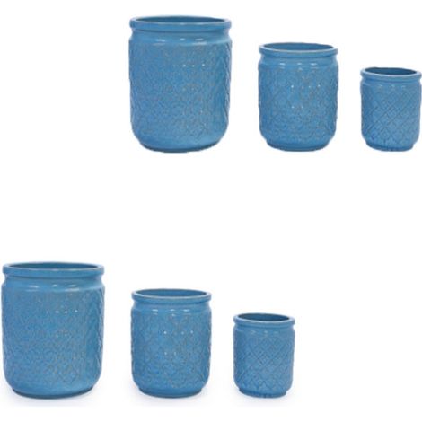 6er-Set teiliges Keramikpflanztopf-Set (Ø 38,1/30,5/22,9 cm), blau mit Geometrie-Mustern, ideal für Orchideen. Für Innen/Außen, Fensterbänke/Bücherregale, aus atmungsaktiver Tonware.