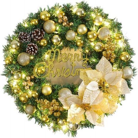 Weihnachtskranz – 40 cm – Gold – Künstlicher Tannenbaum mit Buchstaben, Kugeln, Tannenzapfen, Beeren und frostigen Zweigen – Für Tür, Wand, Fenster – 1 Stück (1/5)