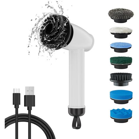 Épurateur électrique à rotation, brosse de nettoyage à main étanche sans fil avec têtes remplaçables pour salles de bains, cuisines, voitures, carrelages, sols, blanc (1/5)
