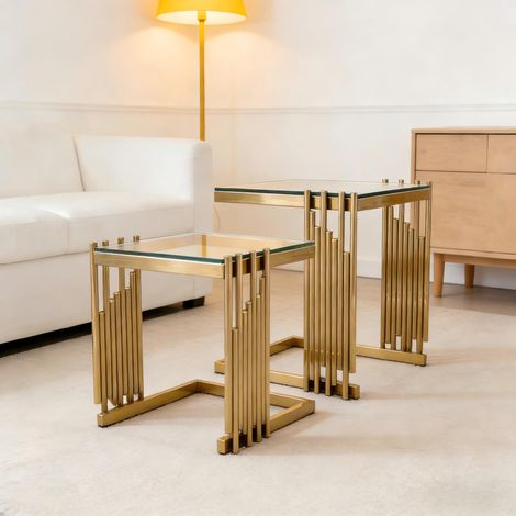 Ensemble de 2 tables d'appoint carrées modernes pour salon : petite table d'appoint dorée avec plateau en verre trempé transparent et pieds en acier inoxydable doré, idéale pour la chambre, le canapé 