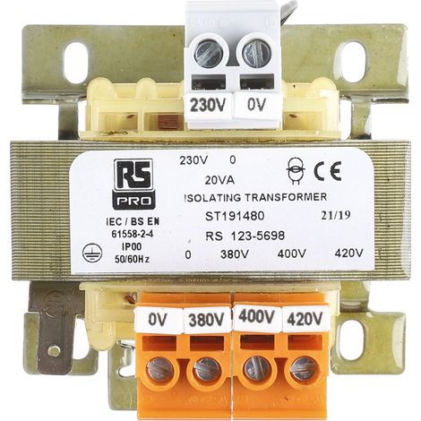 Rs Pro – Transformateur pour tableau électrique 20VA – Tension 230V c.a. – Vin 380/400/420V – Montage rail DIN – Dimensions 66x56x88mm