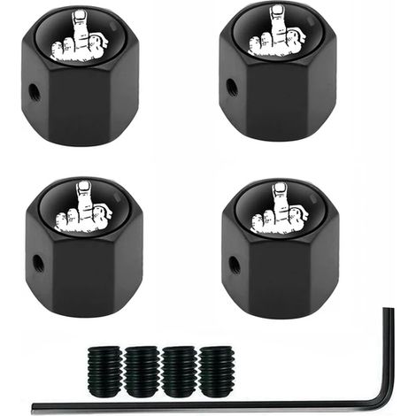 (Doigt-Noir-Blanc) 4 bouchons de valve antivol pour pneus de voitures, camions et motos. Bouchon de valve en forme de doigt d'honneur, joint anti-poussière et verrouillage étanche. (1/5)