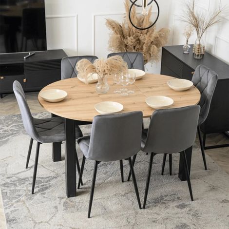 HARRY Table à manger ronde extensible couleur bois clair pieds métal noir 102-142 cm (1/5)