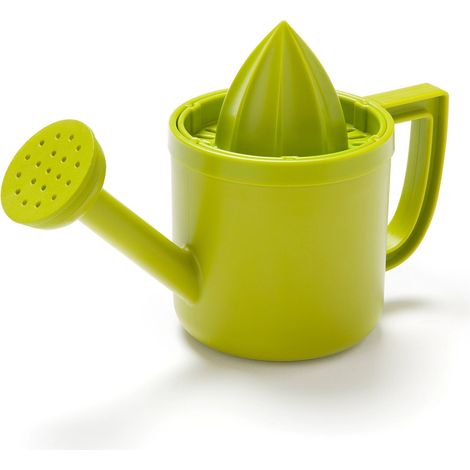 Originale spremiagrumi manuale a forma di annaffiatoio, in plastica verde, per limoni e altri agrumi, con coperchio incernierato per riporre l'apparecchio.