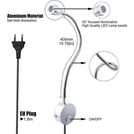 Lampe de Lecture Murale Flexible 3W avec Prise UE, 2 Unités Lumière Chaude pour Chevet et Bibliothèque (1/4)